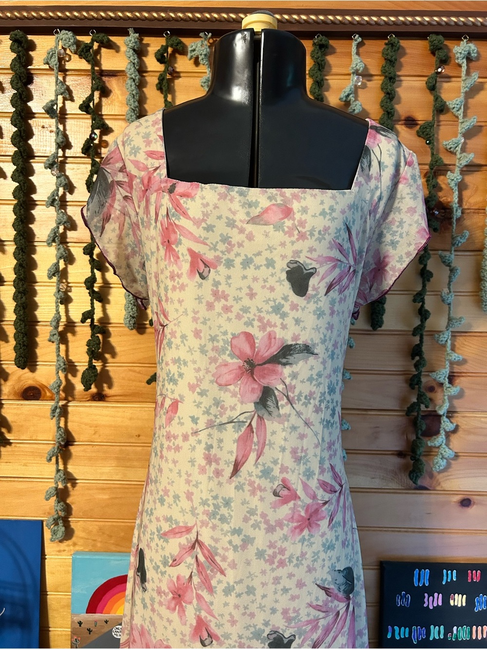 Square-Neck Midi Dress in Pink Floral